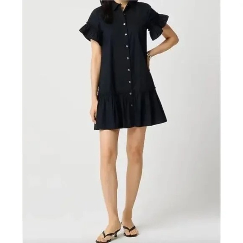 NWT!! J. CREW Factory Ruffle Sleeve Mini Shirtdress Solid Black 2P 2 Petite